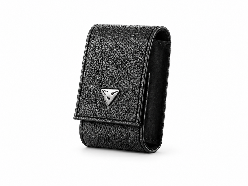 Superwatchman black leather watch pouch on a white background, three-quarter view