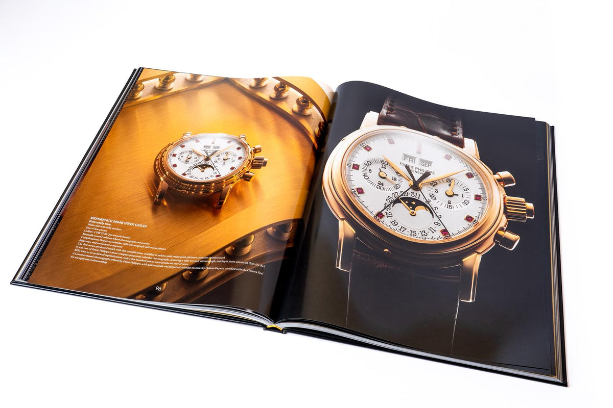 An open spread with photographs of two rare Patek Philippe watches