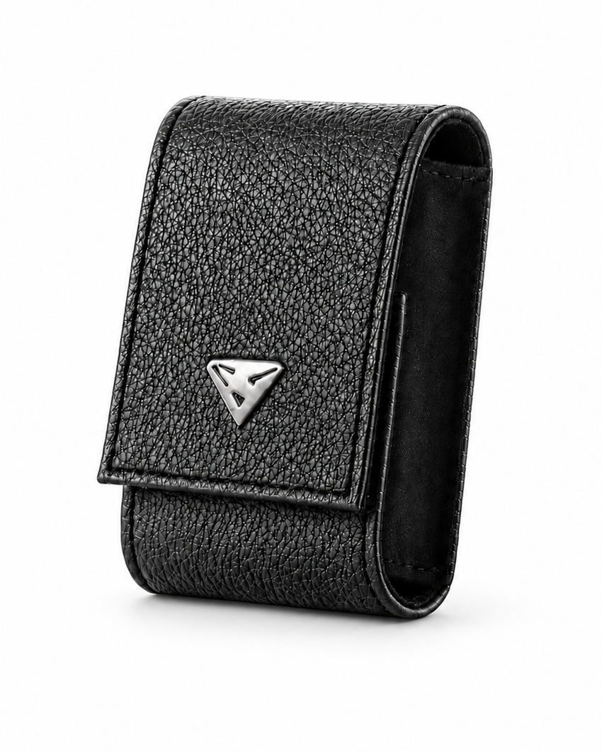 Superwatchman black leather watch pouch on a white background, three-quarter view