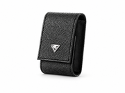 Superwatchman black leather watch pouch on a white background, three-quarter view