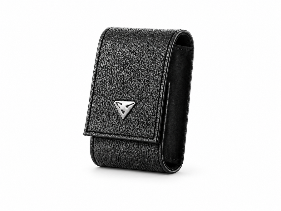 Superwatchman black leather watch pouch on a white background, three-quarter view