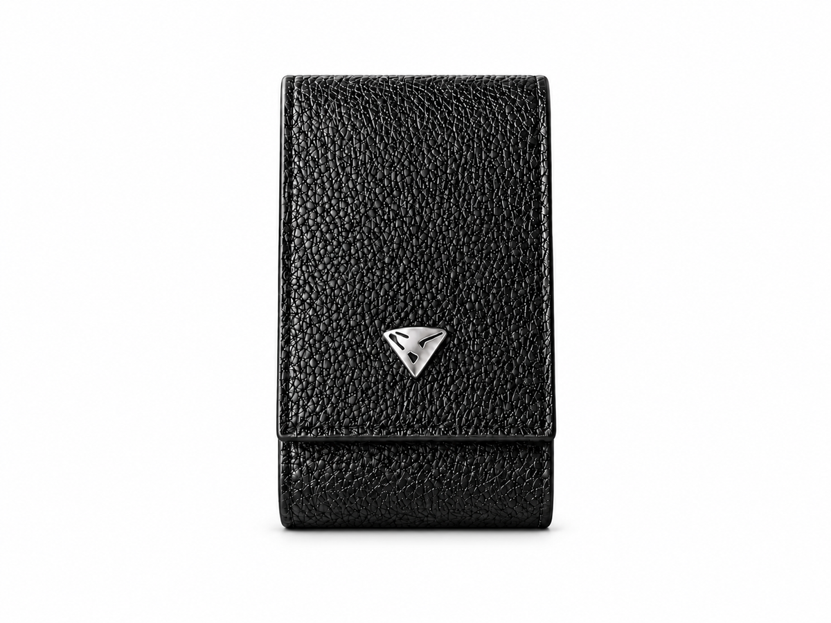 Black leather watch pouch, front view on a white background