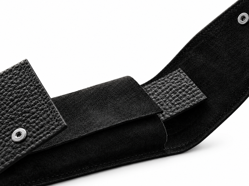 Black suede pouch interior and snap closures on a white background