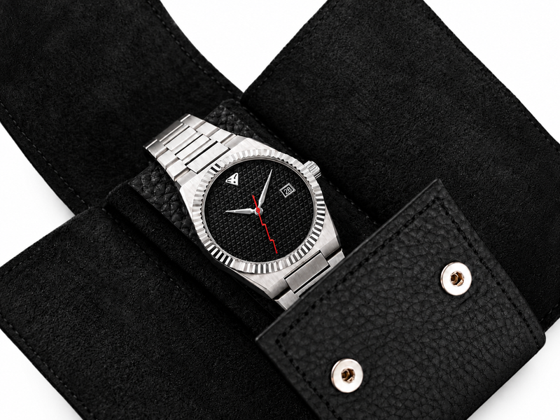 Open black leather watch pouch with a watch, on a white background